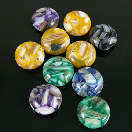 12mm Mother of pearl & resin assorted color puffed, flat coin beads, 13 pcs.