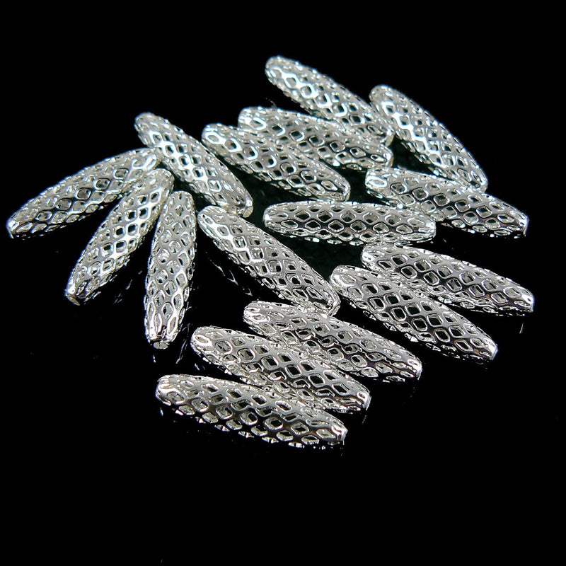 Silver Plated Brass Beads: 19x5mm Open Weave Oval, 10pcs