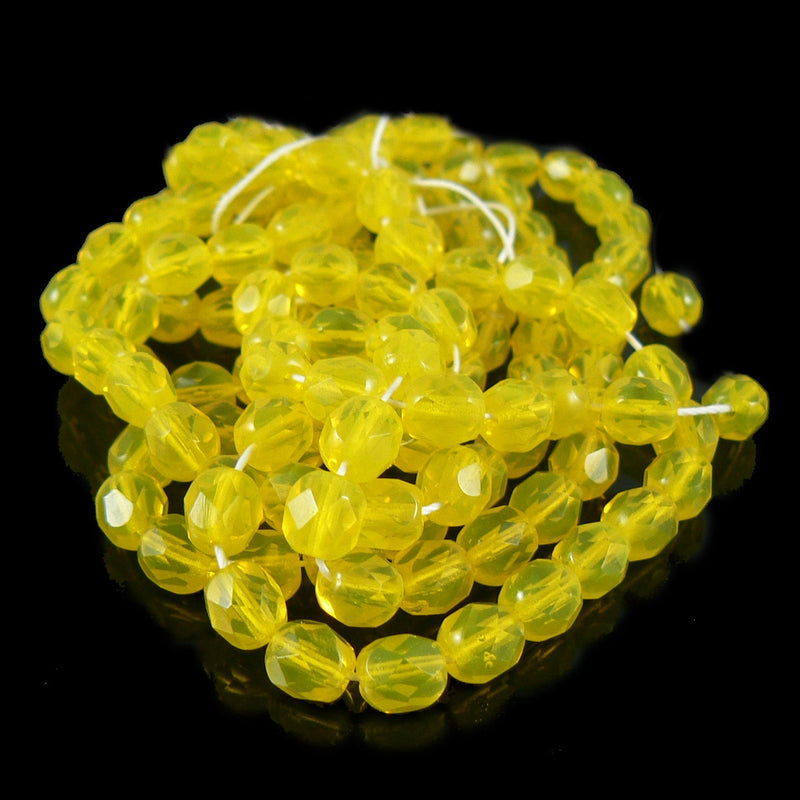 Glass beads: 6 mm faceted round, yellow, Czech fire polished glass, 8" strand= 33 beads