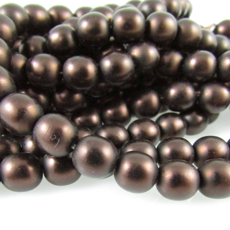 Glass pearl beads: 6 mm matte dark brown, 7" strand, ~30 beads