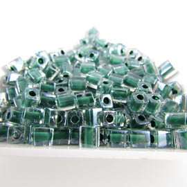Miyuki Square Seed Beads: Clear Color Lined Dark Green SB217, 4mm (20g, ~208 beads)