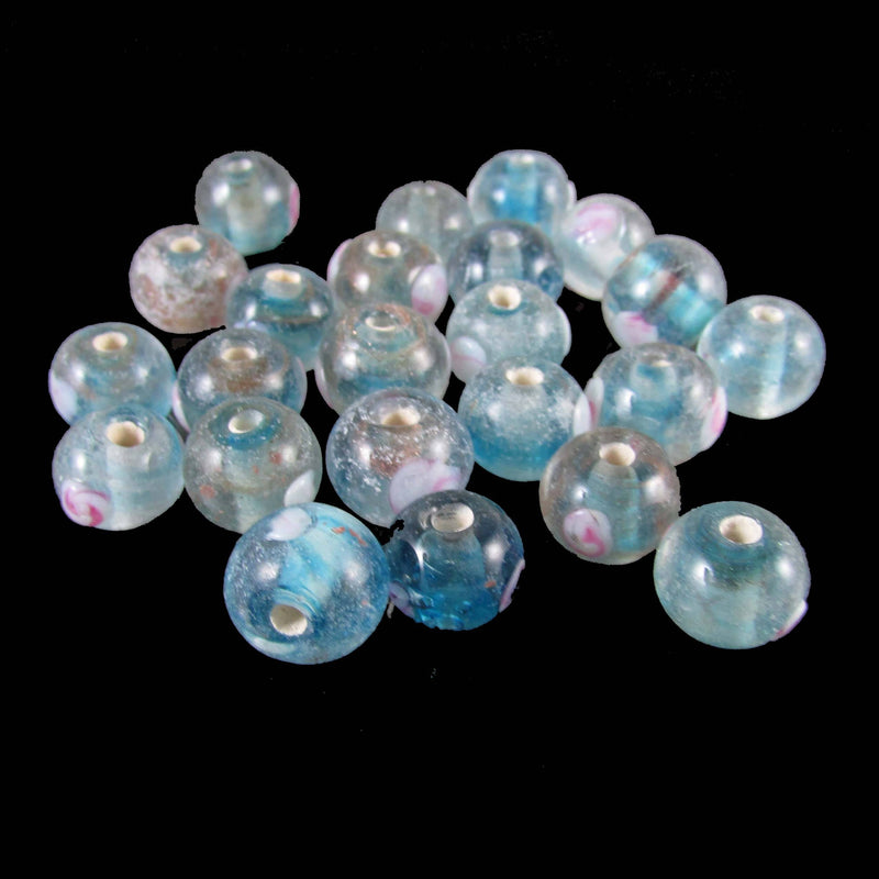 Lampwork Glass Beads: 10mm Turquoise & Gold Confetti, 8" Strand