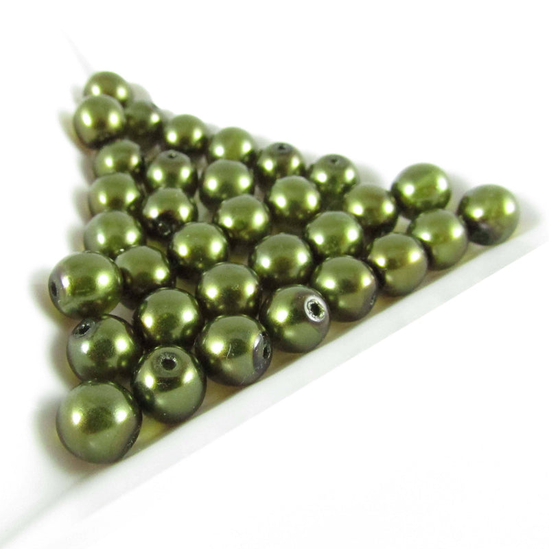 Dark Green Glass Pearl Beads: 6mm Czech Druk, 8" Strand