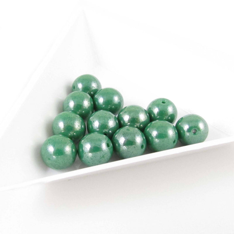 Luster Green Czech Glass Druk Beads: 8mm Opaque Pearl Finish, 7" strand