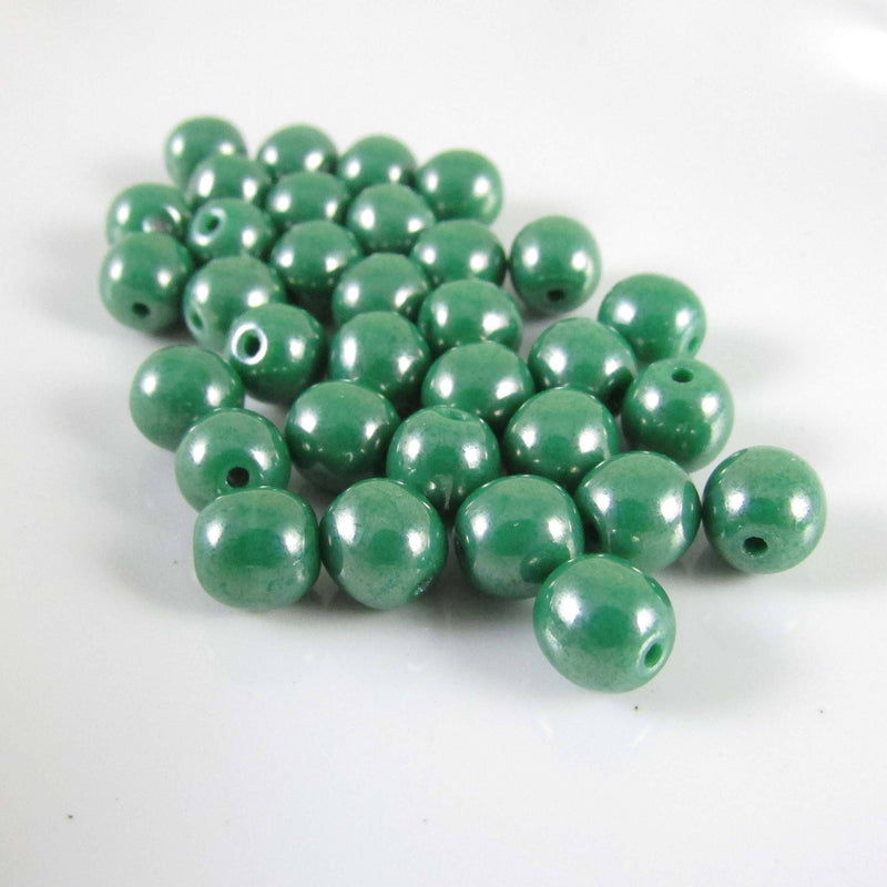 Luster Green Czech Glass Pearl Druk Beads: 6mm, 8" Strand