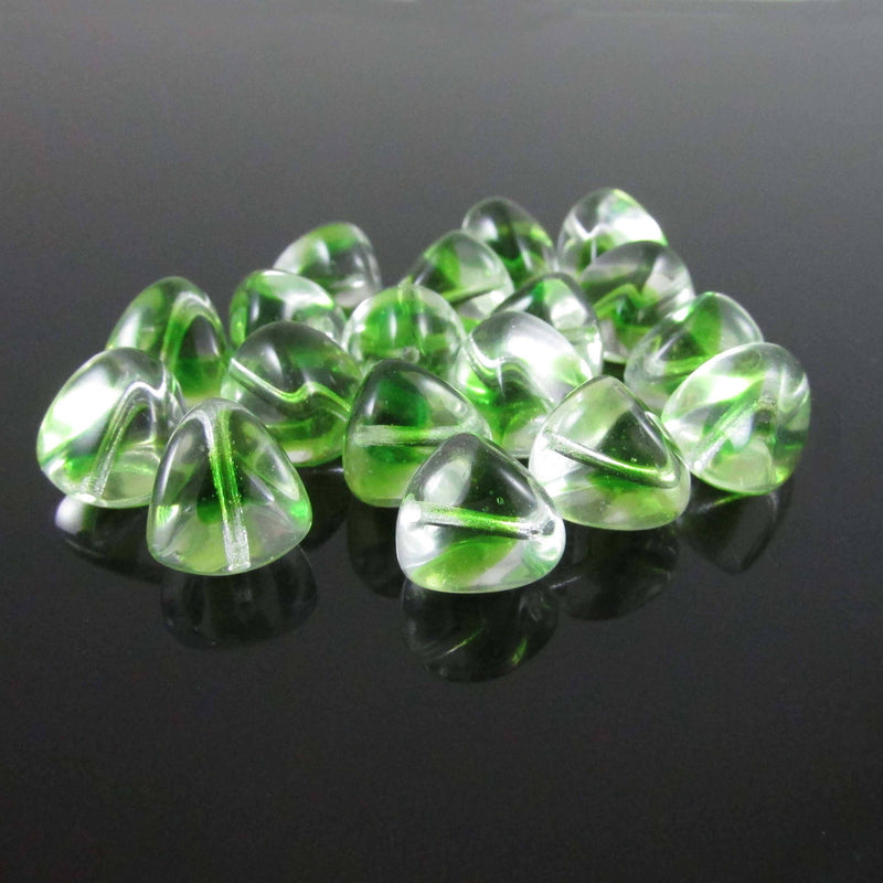 Green & Clear Trigon Glass Beads: Czech Pressed, 12mm (18 beads)
