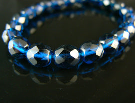 Capri Blue Czech Glass Beads: 8mm Faceted Round, 7" Strand, ~22 beads