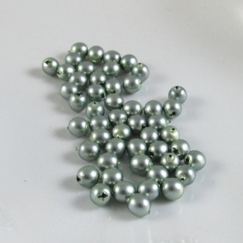 Glass pearl beads: 4 mm matte metallic green, 8" strand, 50 beads