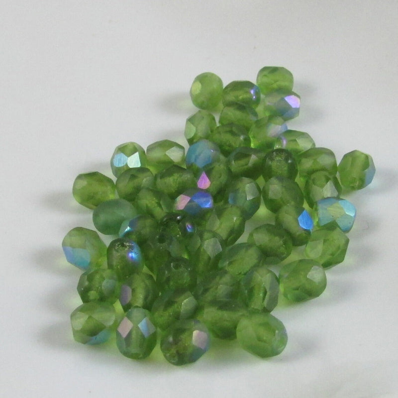 Czech Glass Beads: 6mm Faceted Round, Matte Light Green, AB Finish, 8" strand