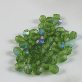 Czech Glass Beads: 6mm Faceted Round, Matte Light Green, AB Finish, 8" strand