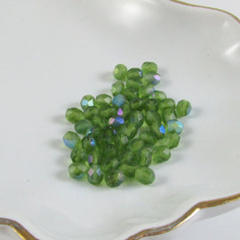 Czech Glass Beads: 6mm Faceted Round, Matte Light Green, AB Finish, 8" strand