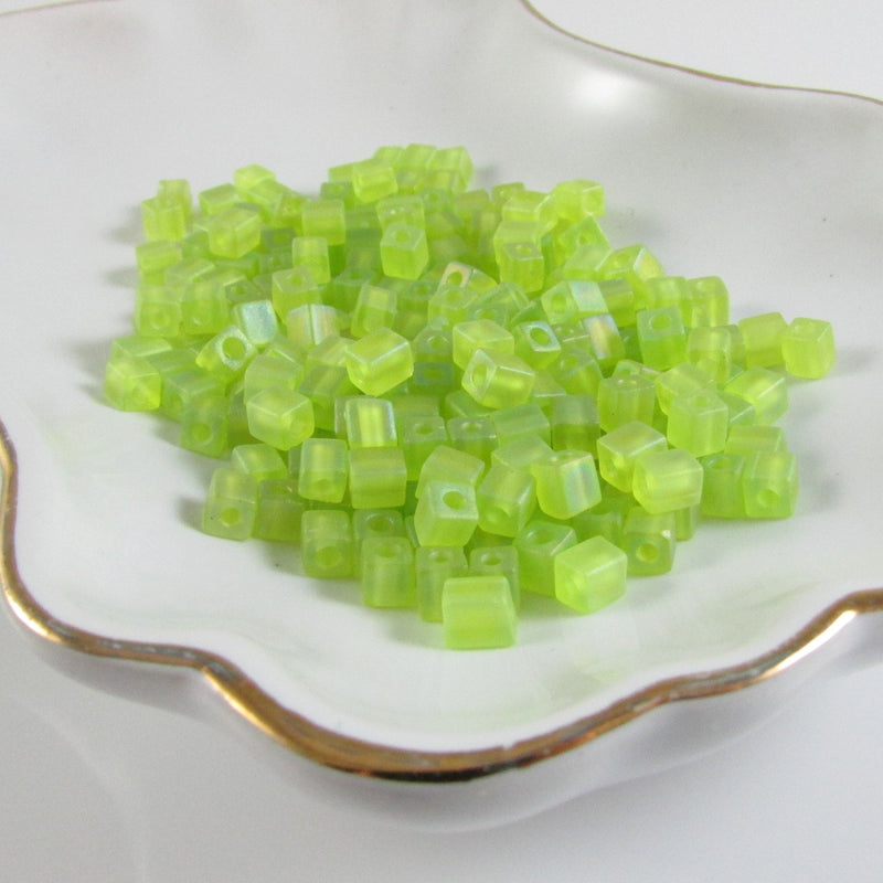 Miyuki 4mm square glass seed beads: Frosted Rainbow Lime Green, SB143FR, 20g (~208 beads)