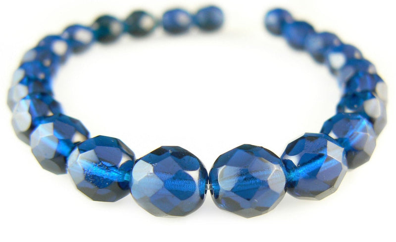 Capri Blue Czech Glass Beads: 8mm Faceted Round, 7" Strand, ~22 beads