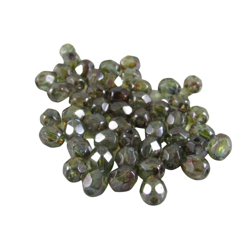 Luster Peridot Green Czech Glass Beads: Faceted 4mm Round, 8" Strand