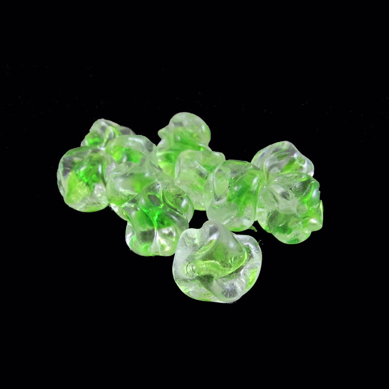 Glass beads: 11 mm bumpy round, green & clear, Czech pressed glass, 12 pcs.