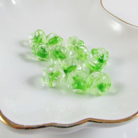 Glass beads: 11 mm bumpy round, green & clear, Czech pressed glass, 12 pcs.