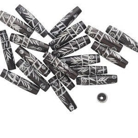 Hand Carved Bone Beads: 24.5x6mm Black with White Tribal Carvings (10 pcs)