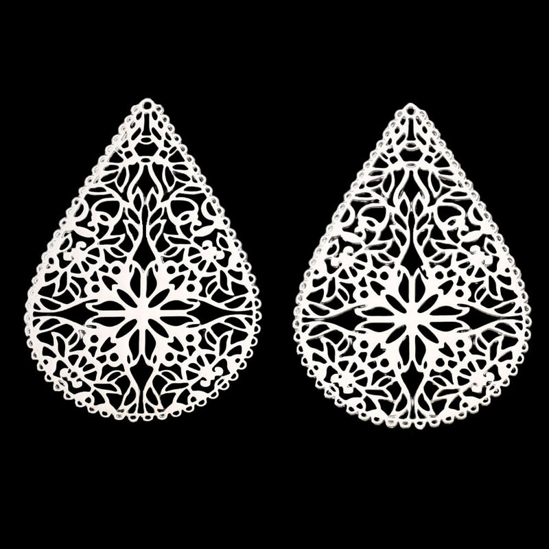 Platinum Color 40mm Filigree Teardrop Connectors: Brass Earring Pendants (10 pcs)