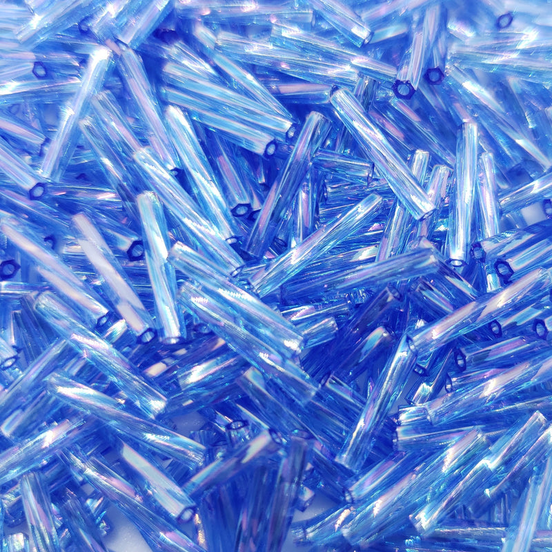 Miyuki Bugle Beads: 12mm Twisted Glass, AB Transparent Sapphire (25 g, ~420 beads) TW261AB
