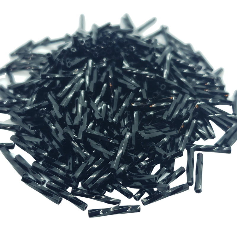 Bugle beads: Miyuki # TW401, 12 mm x 2 mm, twisted, glass, opaque black, 25 g, ~420 beads