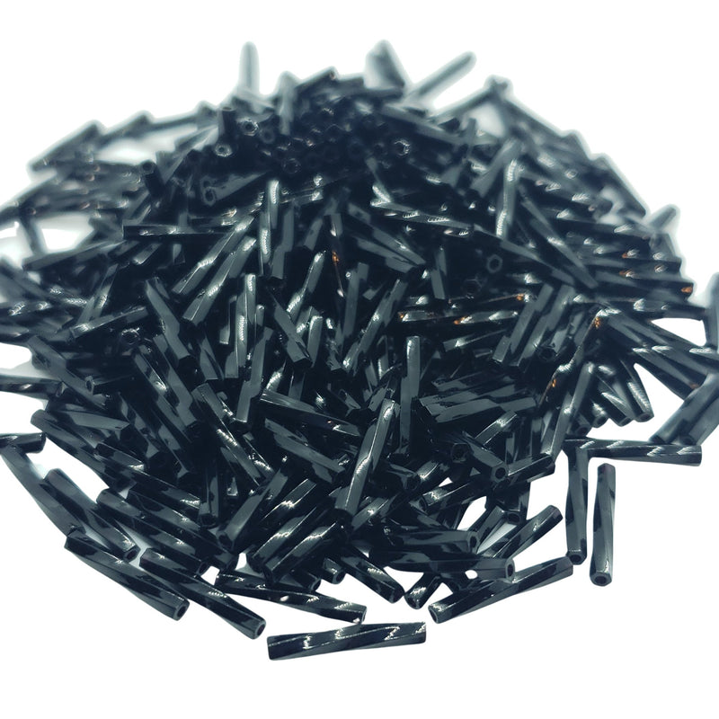 Bugle beads: Miyuki # TW401, 12 mm x 2 mm, twisted, glass, opaque black, 25 g, ~420 beads