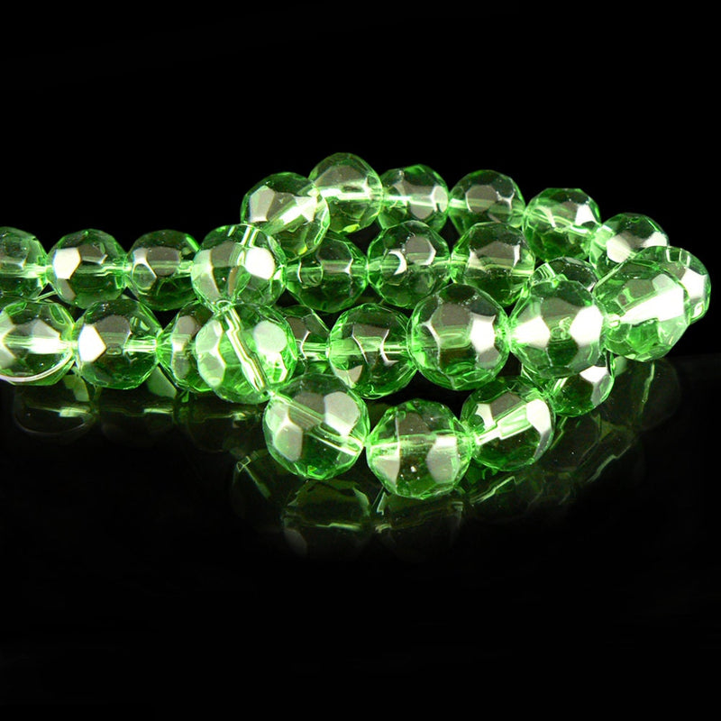 Glass beads: 12 mm faceted round, spring green, 12" strand, ~28 pcs.