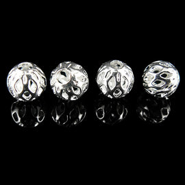 Metal beads: 6mm round, open weave cut out, silver plated brass, 25 beads
