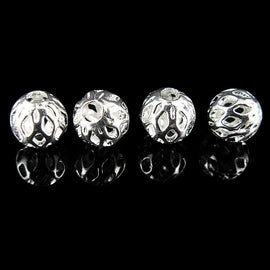 Metal beads: 6mm round, open weave cut out, silver plated brass, 25 beads