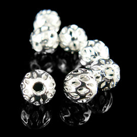 Metal beads: 6mm round, open weave cut out, silver plated brass, 25 beads
