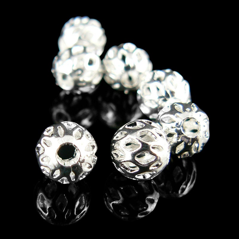 Metal beads: 6mm round, open weave cut out, silver plated brass, 25 beads