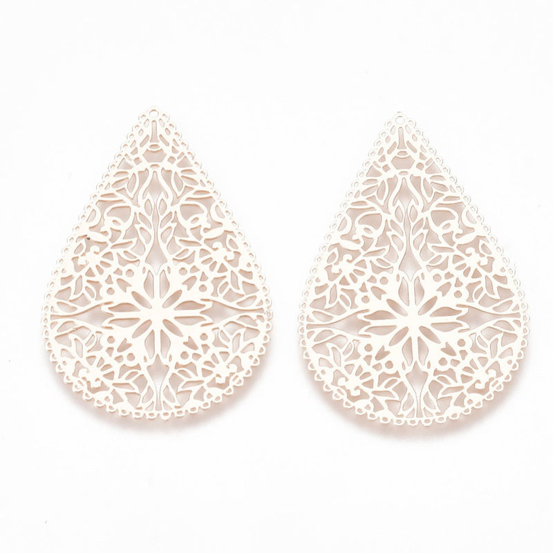 Rose Gold Filigree Teardrop Connectors: Brass Earring Pendants, 40x 26.5mm, 10 pcs