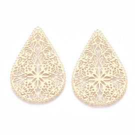 Light Gold Filigree Teardrop Connectors: Brass Earring Pendants (40mm x 26.5mm), 10 pcs