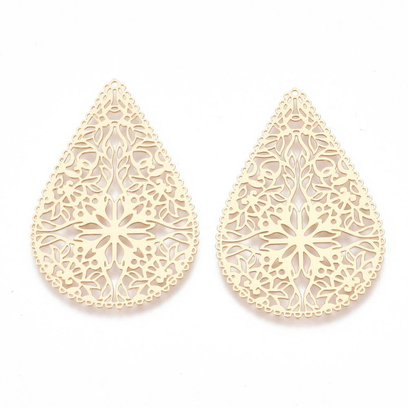 Light Gold Filigree Teardrop Connectors: Brass Earring Pendants (40mm x 26.5mm), 10 pcs