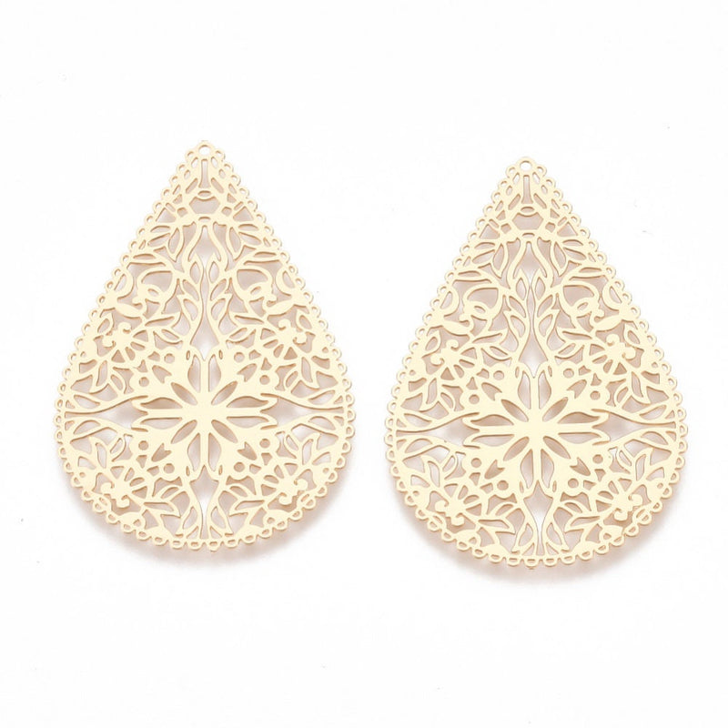 Light Gold Filigree Teardrop Connectors: Brass Earring Pendants (40mm x 26.5mm), 10 pcs