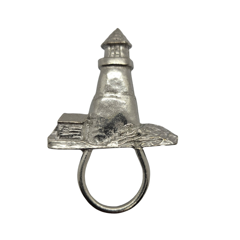 Eyeglasses holder pendant: silver tone metal, lighthouse design, 2" L x 1.25" W, 1 pc