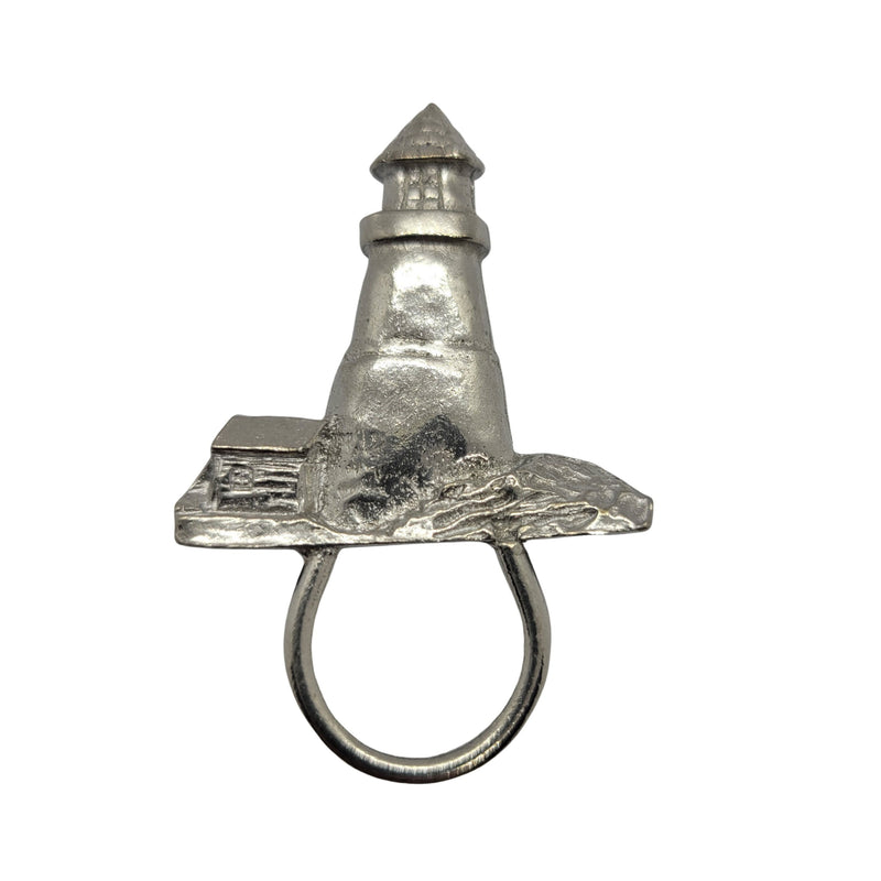Eyeglasses holder pendant: silver tone metal, lighthouse design, 2" L x 1.25" W, 1 pc