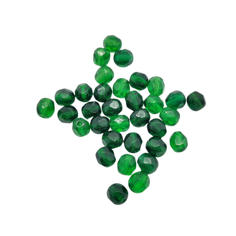 Emerald Green Faceted Glass Beads: 6mm Czech Fire Polished, 8" Strand