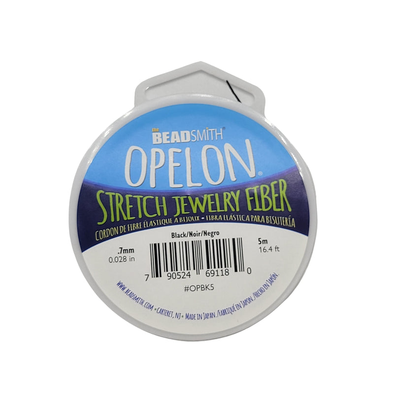 Opelon flat stretch bead and jewelry fiber, .7 mm, black, 5 meter spool. Make stretch bracelets & anklets. Medium weight, flat cord
