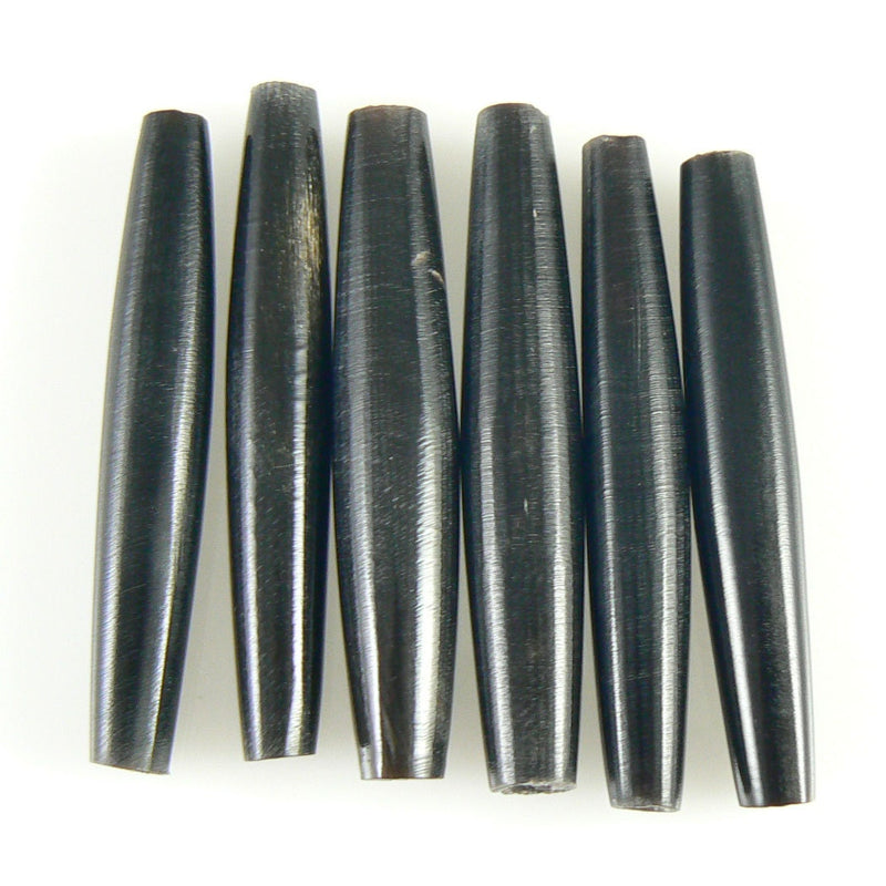 Bone beads: 2" long, black, hand carved, hairpipe bone, 6 pcs.