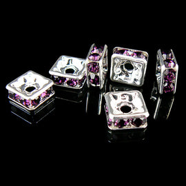 Metal beads: 8 mm squardelles, silver plated metal with amethyst glass rhinestones, 6 beads