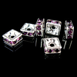 Metal beads: 8 mm squardelles, silver plated metal with amethyst glass rhinestones, 6 beads