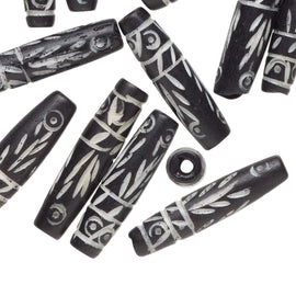 Hand Carved Bone Beads: 24.5x6mm Black with White Tribal Carvings (10 pcs)