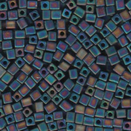 Miyuki square glass seed beads: SB401FR, 4 mm opaque frosted rainbow black, 20 g ~208 beads