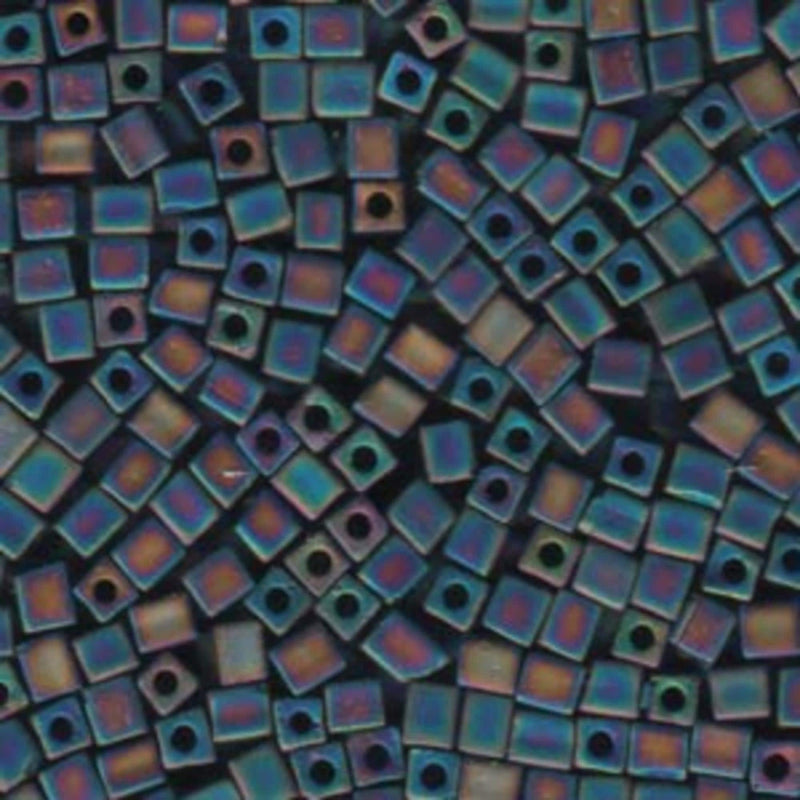 Miyuki 4mm square glass seed beads: opaque frosted rainbow black, SB401FR, 20g (~208 beads)