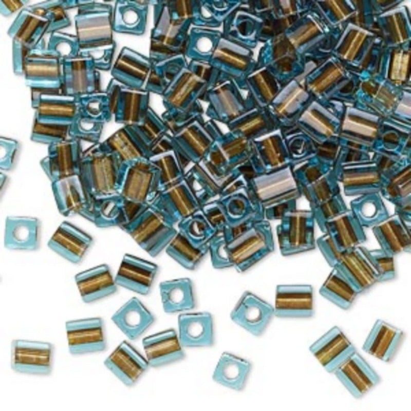 Miyuki 4mm square glass seed beads: blue color lined brown, SB2642, 20g (~208 beads)