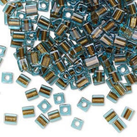 Miyuki square glass seed beads: SB2642, 4 mm, blue color lined brown, 20 g, ~208 beads