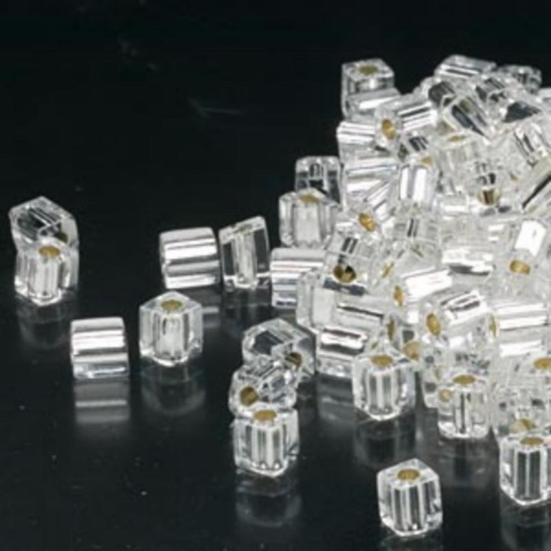 Miyuki 4mm square glass seed beads: silver lined clear, SB001, 20g (~208 beads)