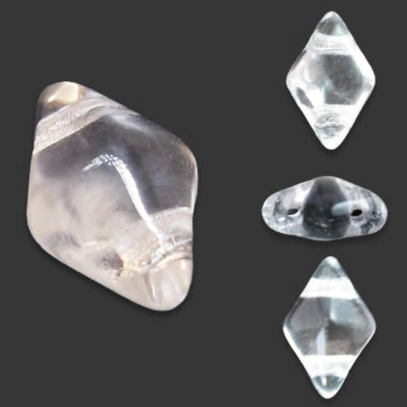 DiamonDuo 2 hole glass beads: 5 mm L x 8 mm W diamond shaped, crystal clear, 12 g, ~80 beads