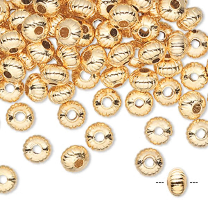 Metal beads: 4.5 mm x 3mm corrugated saucer, gold plated brass, 50 beads