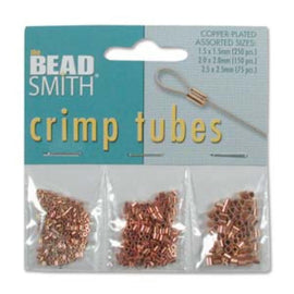 Crimp tube assortment: smooth, copper plated metal, The Bead Smith, 3 sizes- .5 mm, 1.25 mm & 1.3 mm inside dia., 475 pcs. total TCB20S-R
